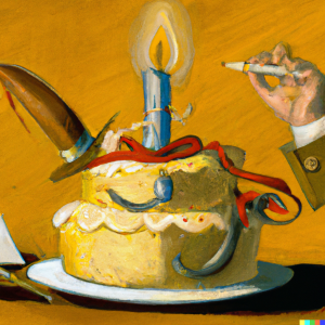 A salvador dali painting of an email with a professors hat and a cake with candles